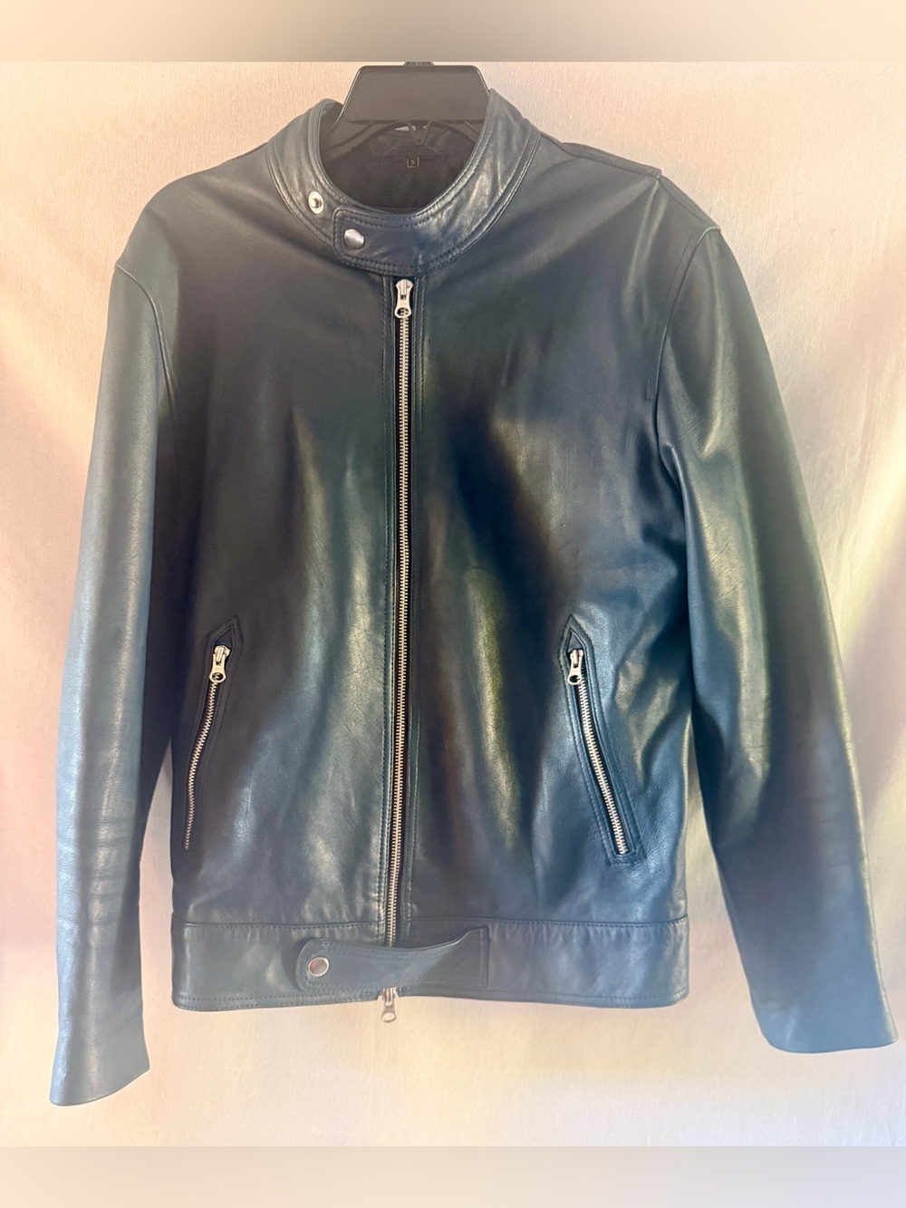 Slim Fit Indigo Blue Leather Bomber Jacket with Zip Pockets